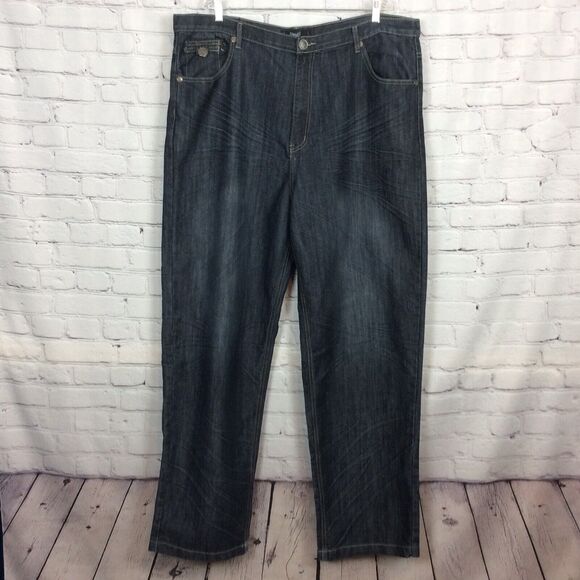 ROK Men’s Sz 44x34 Blue Jeans Denim Straight Leg Embroidered Pockets Whiskering - Picture 5 of 11